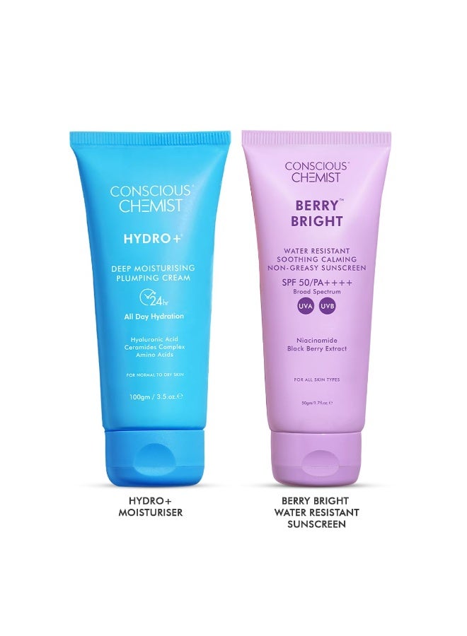 كيميائي واعي مجموعة واقي الشمس والمرطب من كونشيس كيميست | عامل حماية من الشمس 50 PA++++ | 150 غرام | واقي شمس للبشرة الدهنية مع النياسيناميد والتوت الأسود | مرطب بحمض الهيالورونيك للبشرة الجافة مع السيراميد | خفيف الوزن، مرطب، مقاوم للماء | | بيري برايت وهيدرو+ - Image 1